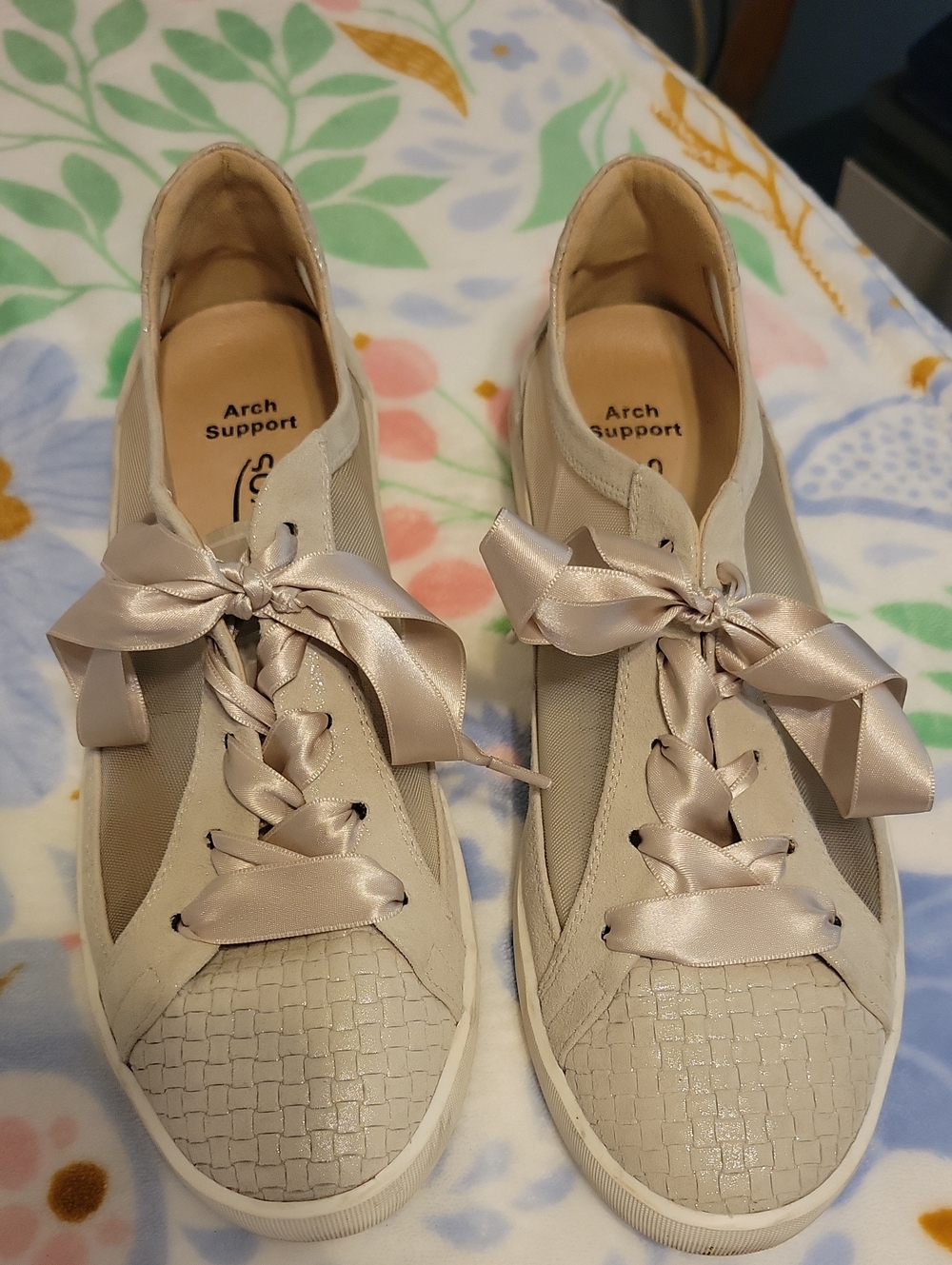 Neutral Taupe Satin Ribbon Sneakers with Arch Support